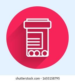 White line Medicine bottle and pills icon isolated with long shadow. Bottle pill sign. Pharmacy design. Red circle button. Vector Illustration