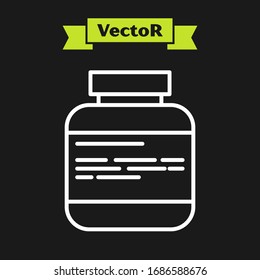 White line Medicine bottle and pills icon isolated on black background. Medical drug package for tablet, vitamin, antibiotic, aspirin.  Vector Illustration