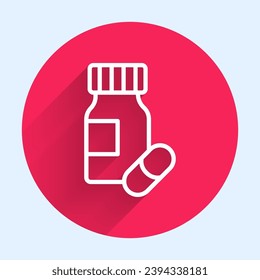 White line Medicine bottle and pills icon isolated with long shadow. Bottle pill sign. Pharmacy design. Red circle button. Vector