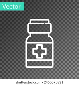 White line Medicine bottle and pills icon isolated on transparent background. Medical drug package for tablet, vitamin, antibiotic, aspirin.  Vector