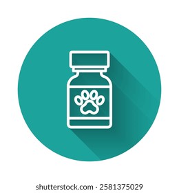 White line Medicine bottle and pills icon isolated with long shadow background. Container with pills. Prescription medicine for animal. Green circle button. Vector