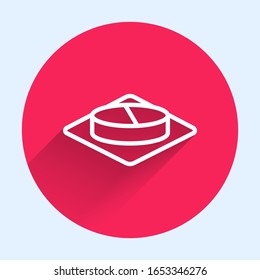 White line Medicine pill or tablet icon isolated with long shadow. Capsule pill and drug sign. Pharmacy design. Red circle button. Vector Illustration
