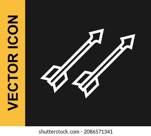 Icono de flechas medievales de línea blanca aislado en fondo negro. arma medieval.  Vector