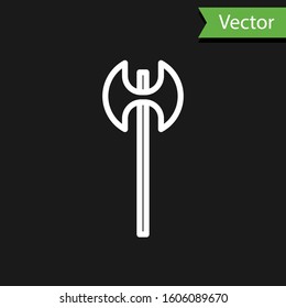 White line Medieval axe icon isolated on black background. Battle axe, executioner axe. Medieval weapon.  Vector Illustration