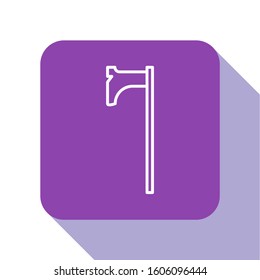 White line Medieval axe icon isolated on white background. Battle axe, executioner axe. Medieval weapon. Purple square button. Vector Illustration