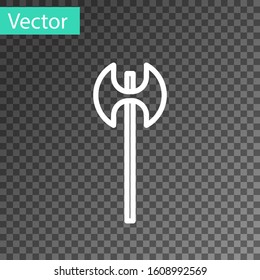 White line Medieval axe icon isolated on transparent background. Battle axe, executioner axe. Medieval weapon.  Vector Illustration