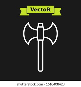 White line Medieval axe icon isolated on black background. Battle axe, executioner axe.  Vector Illustration