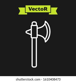 White line Medieval axe icon isolated on black background. Battle axe, executioner axe.  Vector Illustration