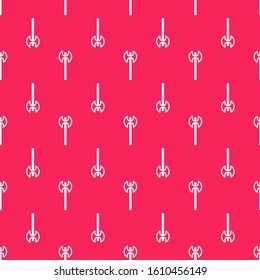 White line Medieval axe icon isolated seamless pattern on red background. Battle axe, executioner axe. Medieval weapon.  Vector Illustration