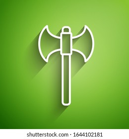 Icono de hacha medieval de línea blanca aislado en fondo verde. Battle ax, verdugo hacha.  Ilustración vectorial