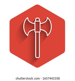 White line Medieval axe icon isolated with long shadow. Battle axe, executioner axe. Red hexagon button. Vector Illustration