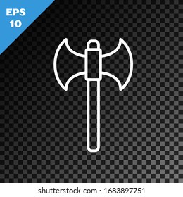 Icono de hacha medieval de línea blanca aislado en fondo oscuro transparente. Battle ax, verdugo hacha. Ilustración vectorial