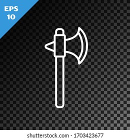 Icono de hacha medieval de línea blanca aislado en fondo oscuro transparente. Battle ax, verdugo hacha. Ilustración vectorial