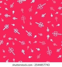 White line Medieval axe icon isolated seamless pattern on red background. Battle axe, executioner axe. Medieval weapon.  Vector