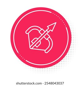 White line Medieval bow and arrow icon isolated on white background. Medieval weapon. Red circle button. Vector