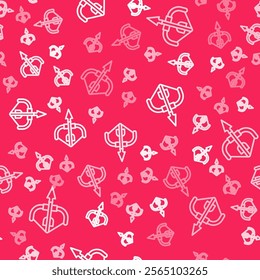 White line Medieval bow and arrow icon isolated seamless pattern on red background. Medieval weapon.  Vector