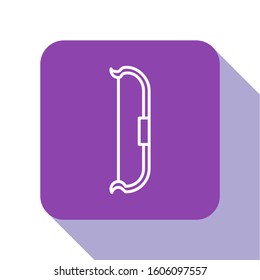 White line Medieval bow icon isolated on white background. Medieval weapon. Purple square button. Vector Illustration