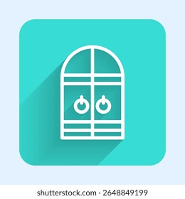 White line Medieval castle gate icon isolated with long shadow. Medieval fortress. Protection from enemies. Green square button. Vector