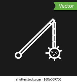 White line Medieval chained mace ball icon isolated on black background. Medieval weapon.  Vector Illustration