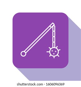 White line Medieval chained mace ball icon isolated on white background. Medieval weapon. Purple square button. Vector Illustration