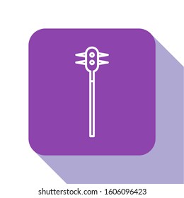 White line Medieval chained mace ball icon isolated on white background. Medieval weapon. Purple square button. Vector Illustration