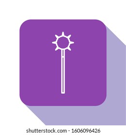 White line Medieval chained mace ball icon isolated on white background. Medieval weapon. Purple square button. Vector Illustration
