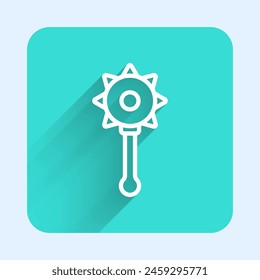 White line Medieval chained mace ball icon isolated with long shadow. Medieval weapon. Green square button. Vector