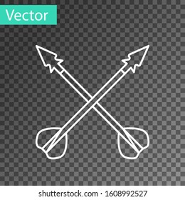 White line Medieval crossed arrows icon isolated on transparent background. Medieval weapon.  Vector Illustration