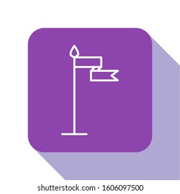 White line Medieval flag icon isolated on white background. Country, state, or territory ruled by a king or queen. Purple square button. Vector Illustration