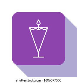 White line Medieval flag icon isolated on white background. Country, state, or territory ruled by a king or queen. Purple square button. Vector Illustration