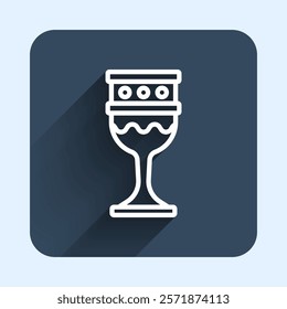 White line Medieval goblet icon isolated with long shadow background. Holy grail. Blue square button. Vector