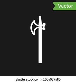 White line Medieval halberd icon isolated on black background. Medieval weapon.  Vector Illustration