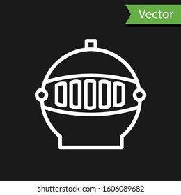 White line Medieval iron helmet for head protection icon isolated on black background.  Vector Illustration
