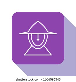 White line Medieval iron helmet for head protection icon isolated on white background. Purple square button. Vector Illustration