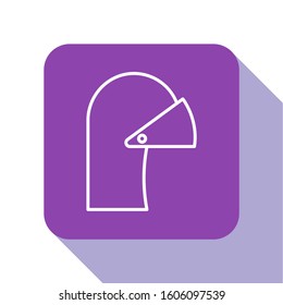 White line Medieval iron helmet for head protection icon isolated on white background. Purple square button. Vector Illustration