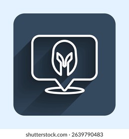 White line Medieval iron helmet for head protection icon isolated with long shadow background. Knight helmet. Blue square button. Vector