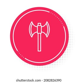 Weiße Linie Mittelalterliche Poleaxie Symbol einzeln auf weißem Hintergrund. Roter Kreis-Knopf. Vektorgrafik