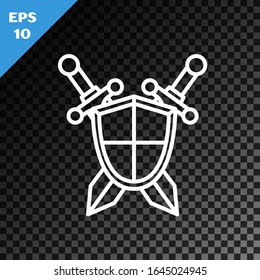 White line Medieval shield with crossed swords icon isolated on transparent dark background.  Vector Illustration