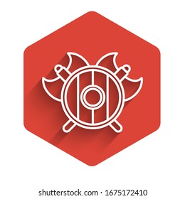 White line Medieval shield with crossed axes icon isolated with long shadow. Battle axe, executioner axe. Red hexagon button. Vector Illustration