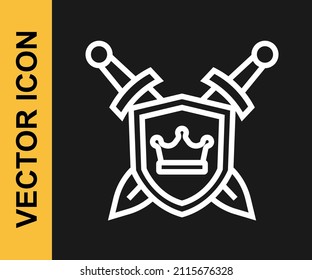 White line Medieval shield with crossed swords icon isolated on black background.  Vector