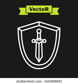 White line Medieval shield with sword icon isolated on black background.  Vector Illustration