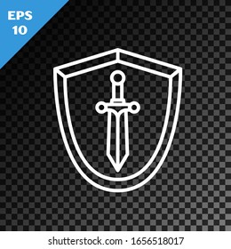 White line Medieval shield with sword icon isolated on transparent dark background.  Vector Illustration