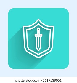 White line Medieval shield with sword icon isolated with long shadow. Green square button. Vector