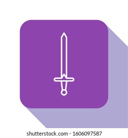 White line Medieval sword icon isolated on white background. Medieval weapon. Purple square button. Vector Illustration