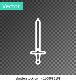 White line Medieval sword icon isolated on transparent background. Medieval weapon.  Vector Illustration