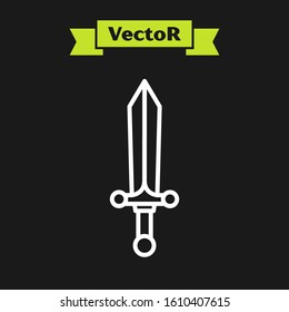 White line Medieval sword icon isolated on black background.  Vector Illustration