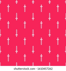 White line Medieval sword icon isolated seamless pattern on red background. Medieval weapon.  Vector Illustration
