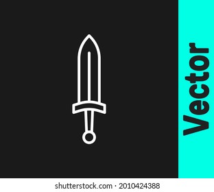 Icono de espada medieval de la línea blanca aislado en fondo negro. arma medieval.  Vector