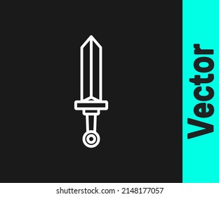 Icono de espada medieval de la línea blanca aislado en fondo negro. arma medieval.  Vector