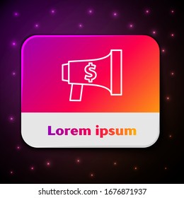 White line Megaphone and dollar icon isolated on black background. Loud speach alert concept. Bullhorn for Mouthpiece scream promotion. Rectangle color button. Vector Illustration